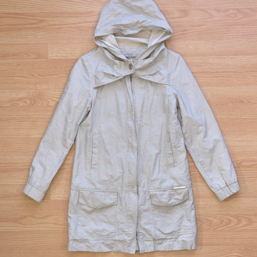Cop Copine Beige Linen Cotton Parka with Hood, windbreaker waterproof, Size 36